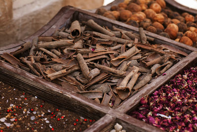 Large selection of different spices on the market, close-up