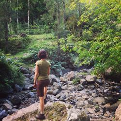 Full length of woman standing on rock in forest