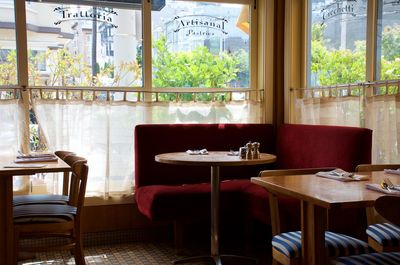 Empty chairs and table in restaurant