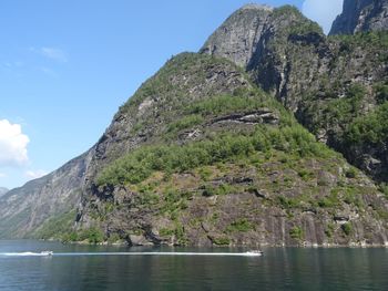 Scenic view of mountains and sea against sky