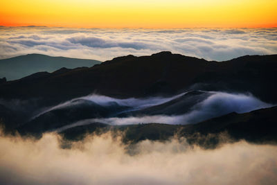 Scenic view of mountains against sky during sunset