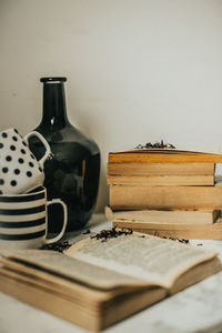 Close-up of old books on table