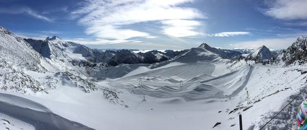 Panoramic view of snowcapped mountains against sky