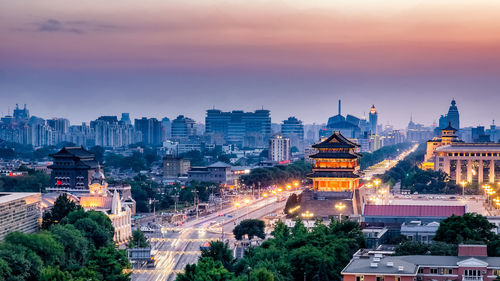 High angle view of city at dusk