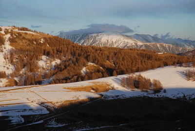 Scenic view of snowcapped mountains against sky