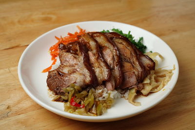 High angle view of food in plate on table