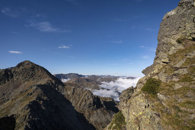 Scenic view of mountains against blue sky