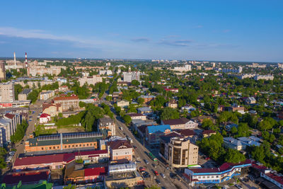 High angle shot of townscape against sky