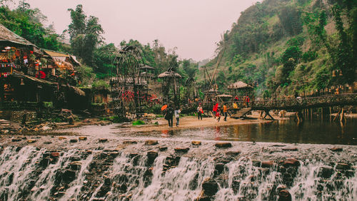 Group of people on land by trees against sky