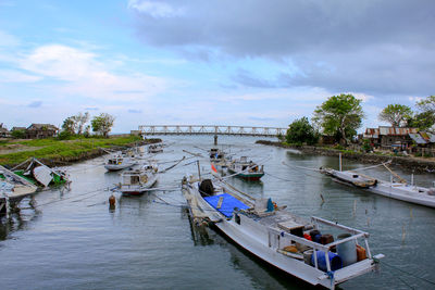 High angle view of boats moored in river against sky