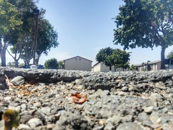 Surface level of pebbles against clear sky