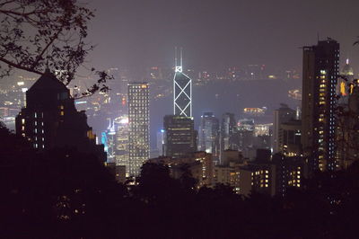 View of city lit up at night