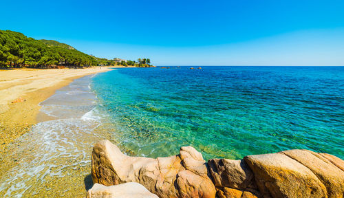 Scenic view of sea against clear blue sky