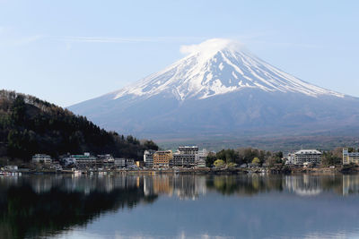 Scenic view of lake by snowcapped mountains against sky