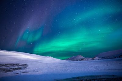 Scenic view of snowcapped mountains against sky at night