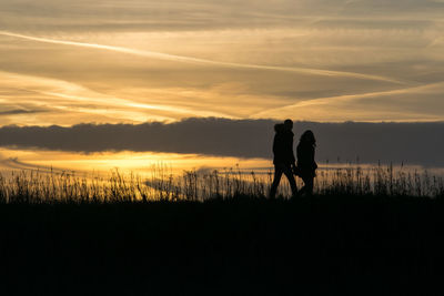 Silhouette people standing on field at sunset