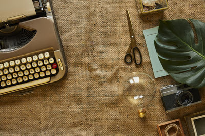 High angle view of open book on table