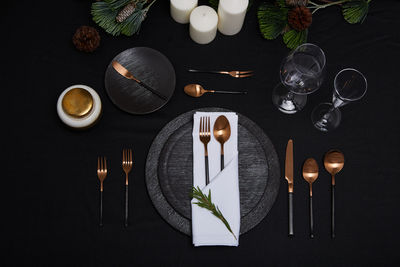 High angle view of wine in glass on table