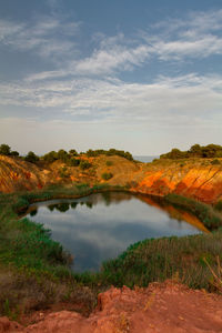 Scenic view of strange colored lake against sky