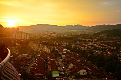 High angle view of cityscape at sunset