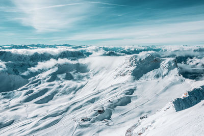 Scenic view of snow covered mountains against sky