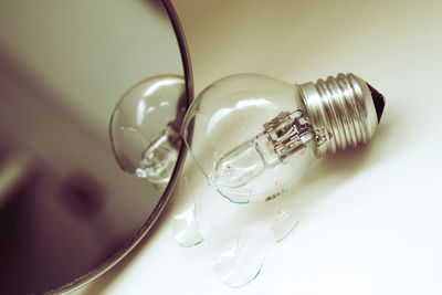 Close-up of light bulb on table