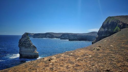 Scenic view of sea against clear blue sky