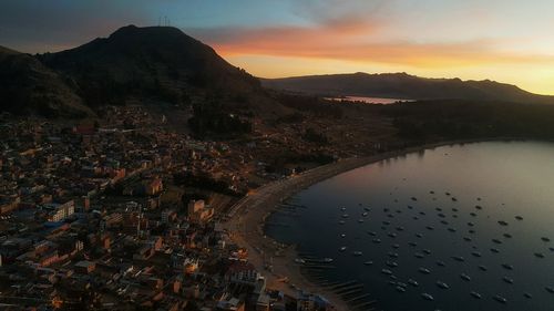 High angle view of townscape against sky during sunset