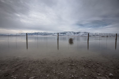 Scenic view of lake against cloudy sky