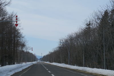 Empty road along bare trees during winter