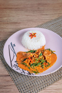 High angle view of food in plate on table