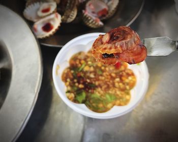 High angle view of meal served on table