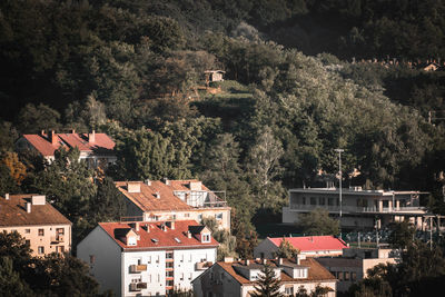 High angle view of townscape and trees by buildings