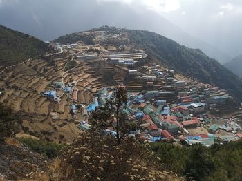High angle view of buildings against sky