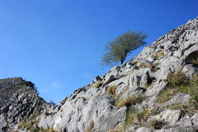 Low angle view of rock formation against clear blue sky