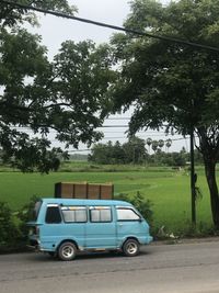 Car parked on road against trees in city