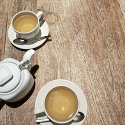 High angle view of coffee cup on table