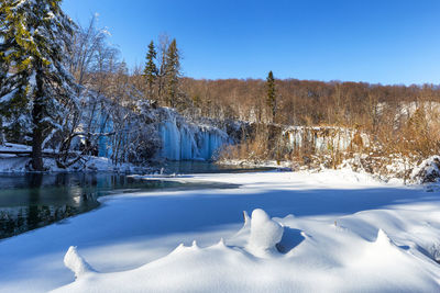 Frozen lake by trees against sky during winter