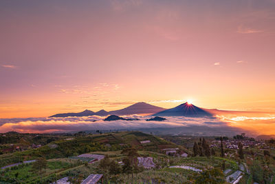 Aerial view of landscape during sunset