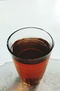 Close-up of drink on table against white background