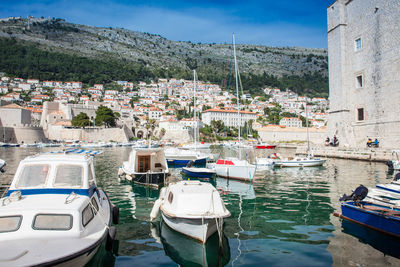 Dubrovnik city old port marina and fortifications