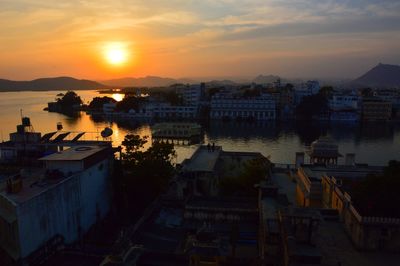 High angle view of cityscape against sky during sunset