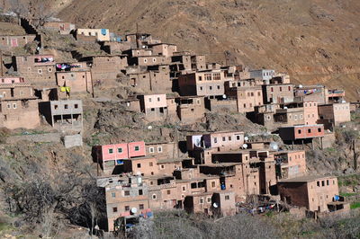 High angle view of buildings in village