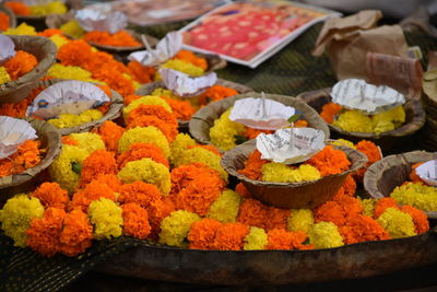 Close-up of multi colored flowers in market for sale