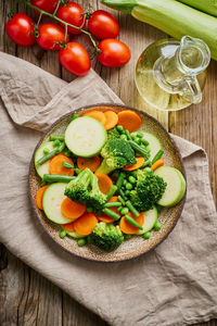 High angle view of fruits in bowl on table