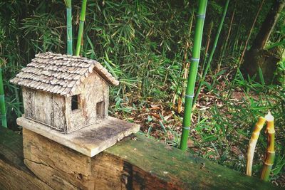 High angle view of abandoned birdhouse on weathered wood in back yard