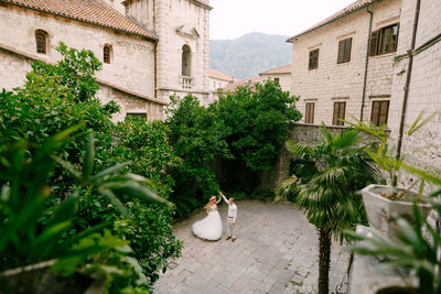 Couple holding hands standing against tree and buildings