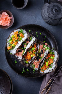 High angle view of food on table