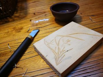 High angle view of pen on table