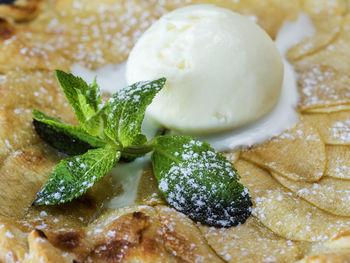 High angle close-up of apple tart with ice cream and mint